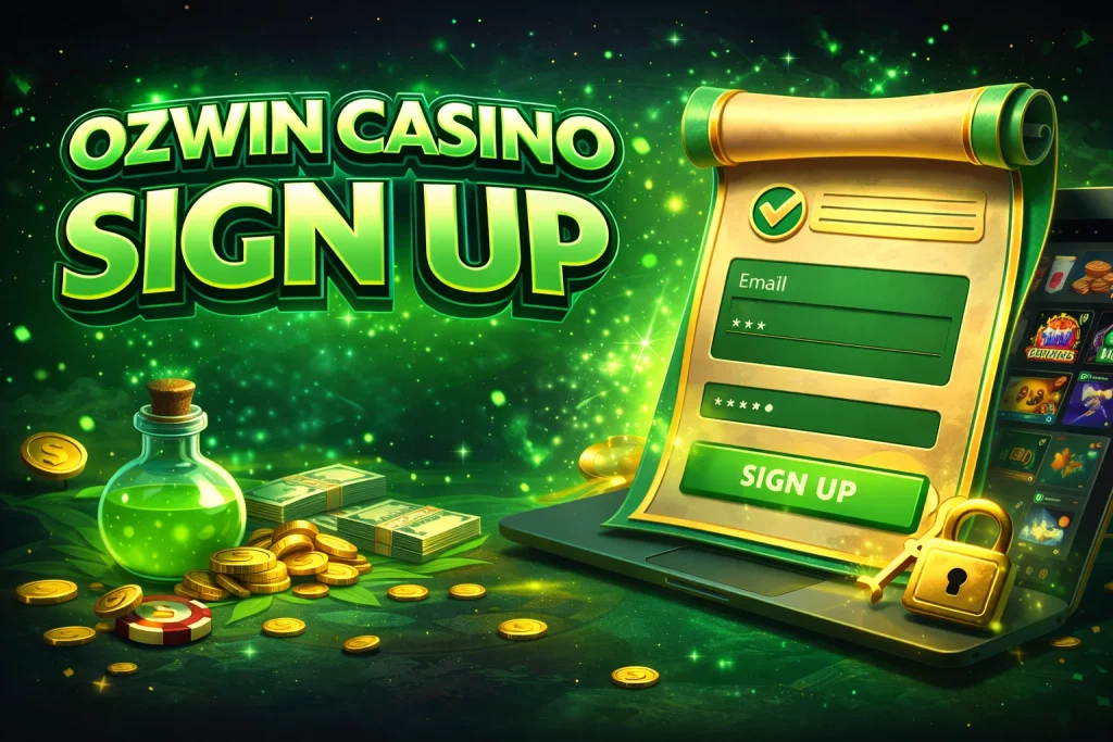 Ozwin Casino Sign Up banner with green glowing design, registration form, coins, and gaming elements